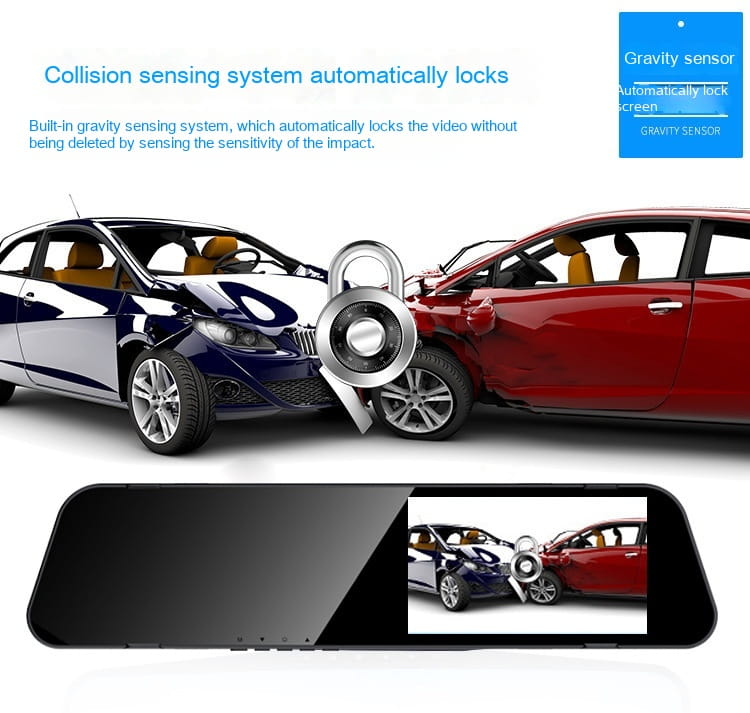 Black dual lens rearview mirror camera with a gravity sensor and integrated screen displaying a car collision scene for automatic video locking featuring rear night vision and reversing image capabilities.
