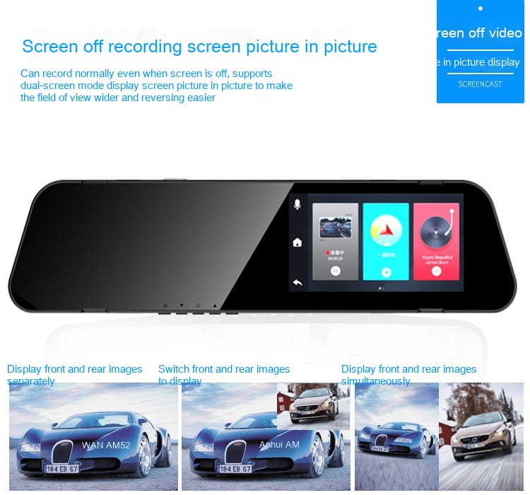 Black dual-screen dual lens rearview mirror camera with touchscreen interface and sleek modern design featuring rear night vision for reversing image enhancement