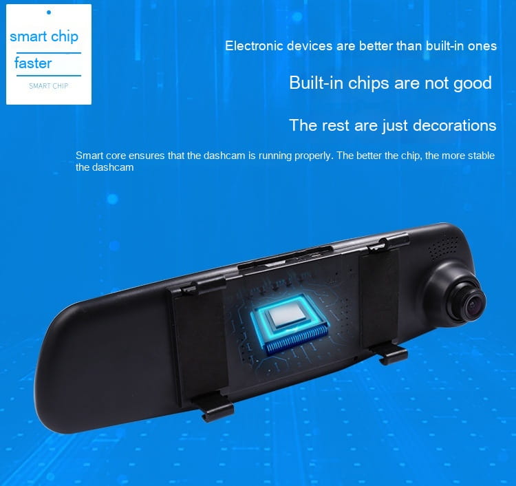 Black dual lens rearview mirror camera with visible blue-lit smart chip graphic on screen designed for rear night vision and reversing image assistance