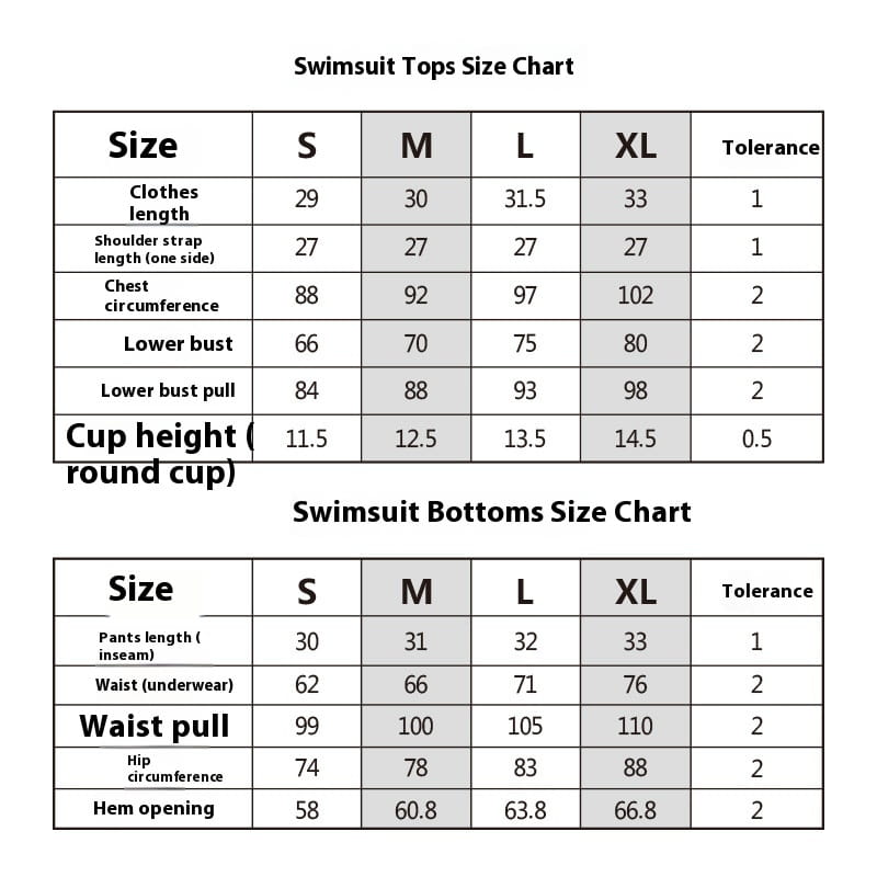 size charts for swimsuit top and bottom displaying measurements for sizes s through xl of the pastel abstract bikini print fashion split swimsuit.