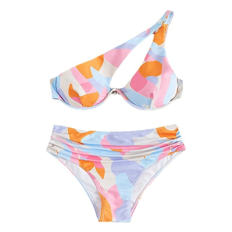 Pastel abstract bikini print fashion split swimsuit featuring a pastel-colored one-shoulder top and high-waisted bottoms with an abstract geometric pattern in soft pink orange blue and white.