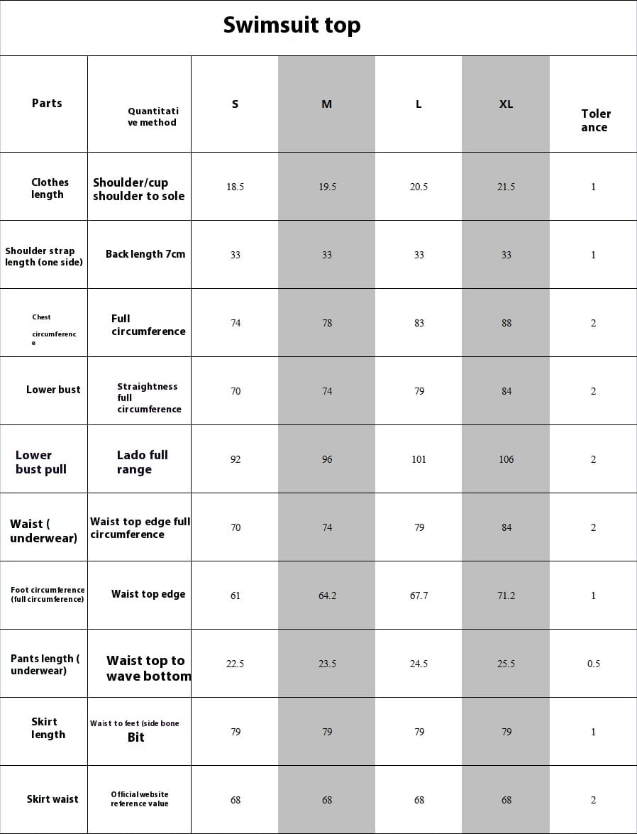 Swimsuit top size chart table displaying measurements for s, m, l, and xl sizes of tropical leaf bikini printed three-piece set swimsuit.