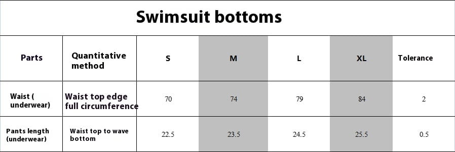 Swimsuit bottoms size chart showing waist and pants length measurements for sizes s to xl in a tropical leaf bikini printed three-piece set swimsuit.