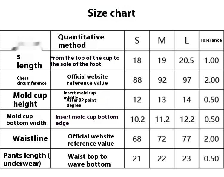 Size chart table displaying measurements for sizes s, m, and l of the color contrast patchwork bikini tether split swimsuit.