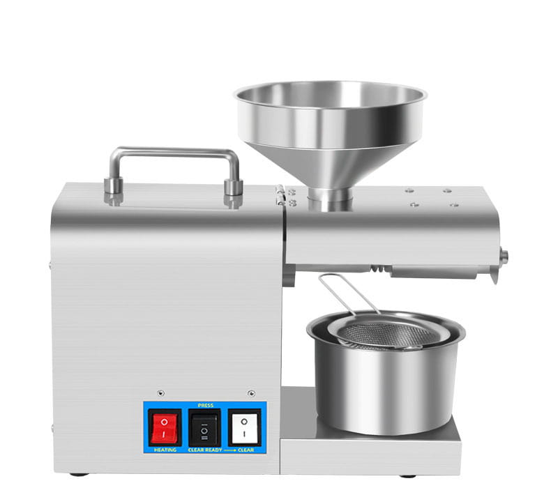 stainless steel household oil press machine with a conical funnel top and mesh strainer in the collection pot designed for efficient oil pressing in household oil use.