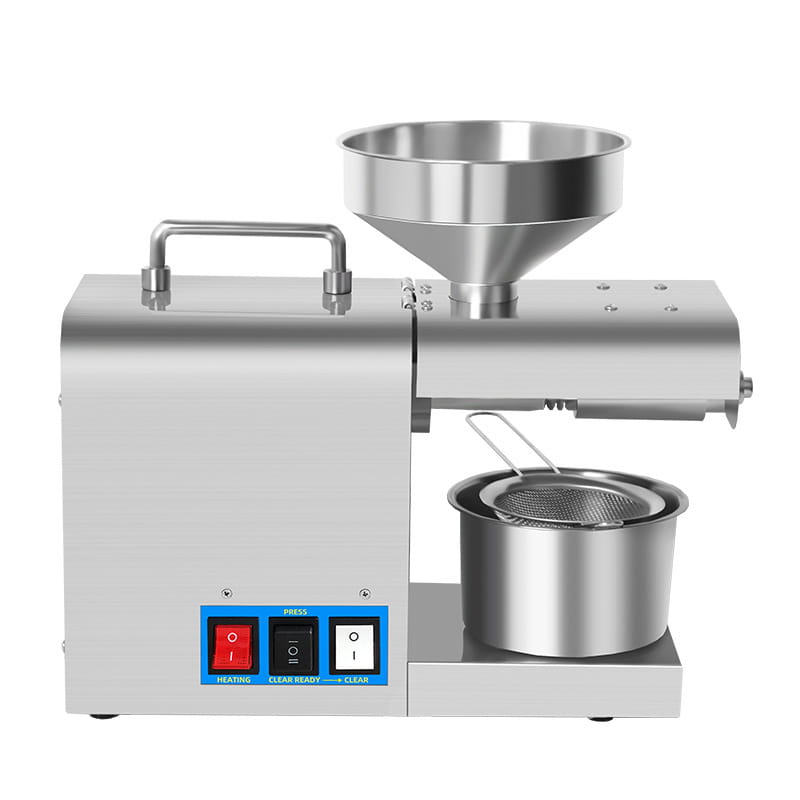 Stainless steel household oil press machine with a conical funnel top and a control panel featuring red black and white buttons.