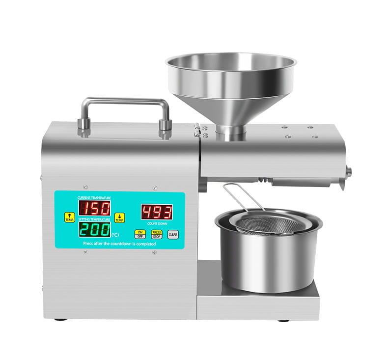 Stainless steel household oil press machine with digital display showing temperature and countdown timer for efficient oil pressing.