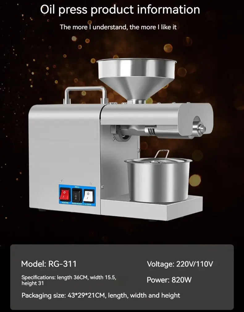 stainless steel household oil press machine with a conical feed hopper and cylindrical grinding chamber designed for efficient household oil extraction.