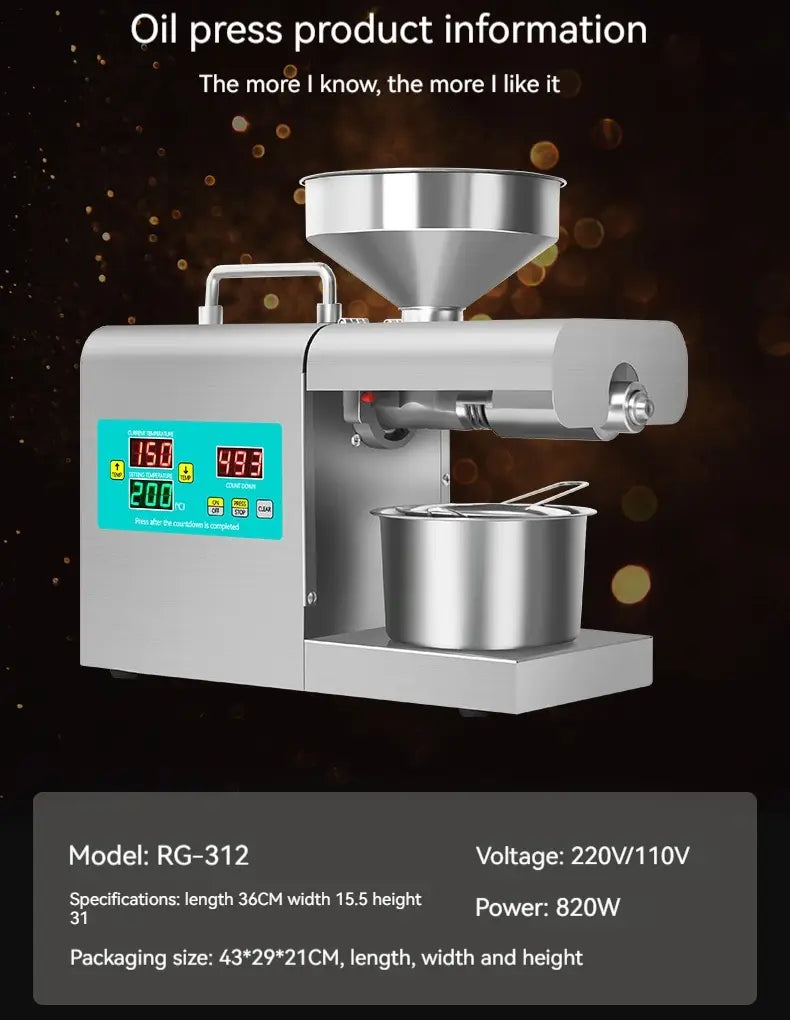 Stainless steel household oil press machine with digital display and funnel top for efficient oil pressing.