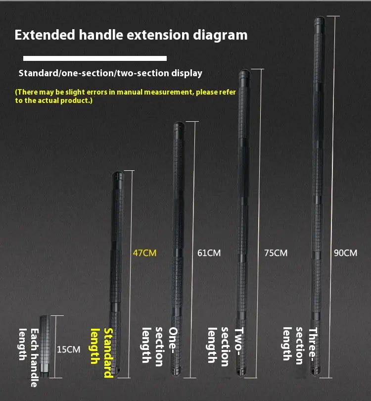 Black multi-section extendable multifunctional self-defense stick made of tungsten steel with textured grip and segmented design for outdoor multifunctional use.