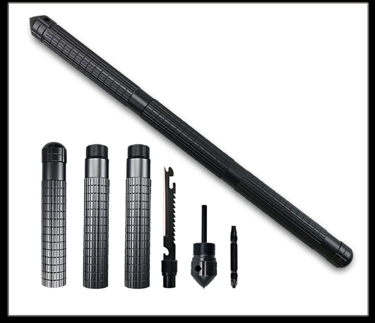 Black multifunctional self-defense stick made of tungsten steel with a textured grip and detachable components including a knife bottle opener drill bit and screwdriver for outdoor multifunctional use.