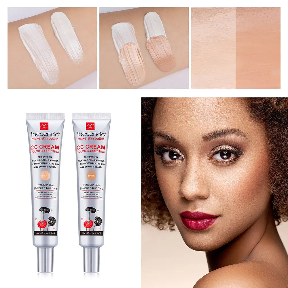 two silver-topped white tubes of moisturizing correcting cc cream featuring cherry and leaf graphics designed for concealer lasting women and lasting women makeup use