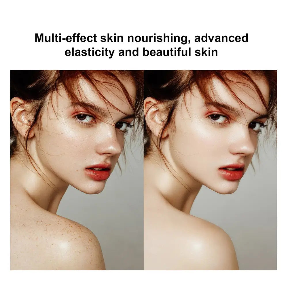 A before-and-after comparison image showcasing a woman’s skin transformation with improved texture and luminosity using moisturizing correcting cc cream, featuring subtle red lipstick and lasting women makeup effects.