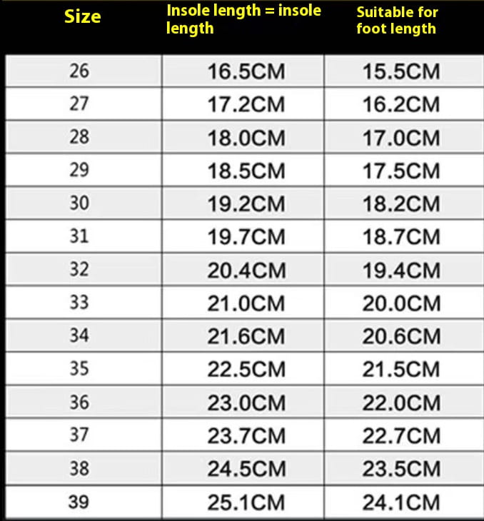 size chart for shoe insoles displaying measurements from 26 to 39 for teal gradient shoes rotating button boy featuring dual network sdx technology.