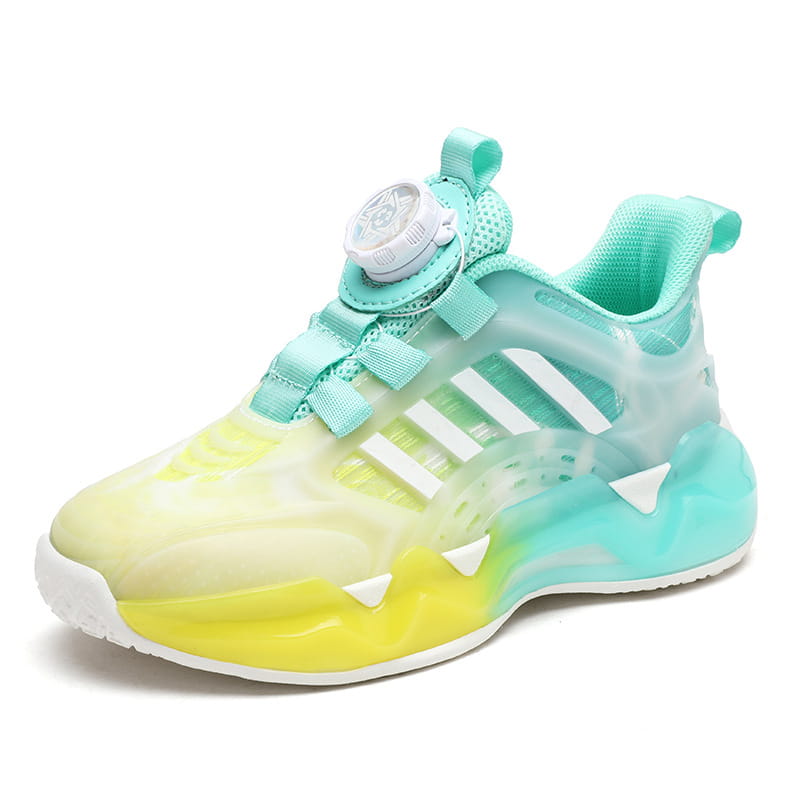 A vibrant teal gradient shoes rotating button boy sneaker with a translucent upper transitioning from yellow to teal, featuring white stripes and a rotating button closure.