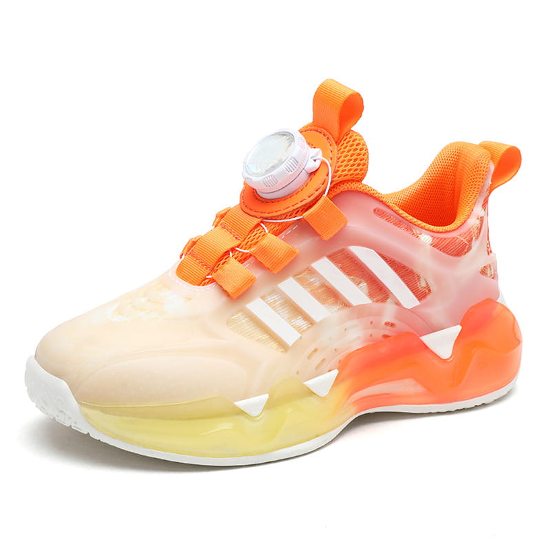 Vibrant orange and translucent gradient shoes rotating button boy featuring a white boa-style lacing system and dual network sdx design.
