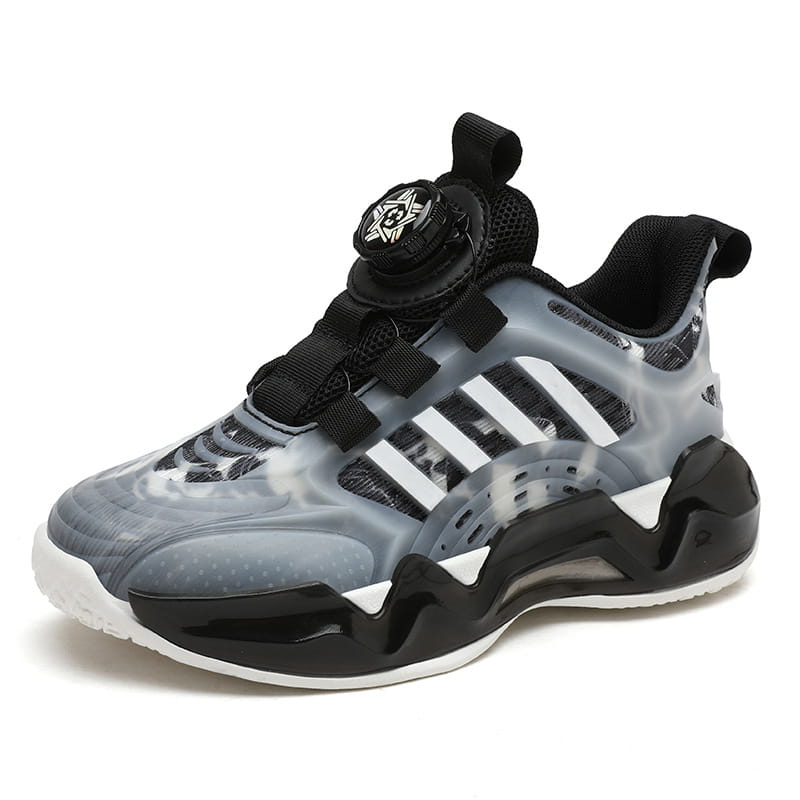 gray and black adidas sdx shoes rotating button sneaker with translucent upper white three stripes and distinctive rotating button boy dial on the tongue