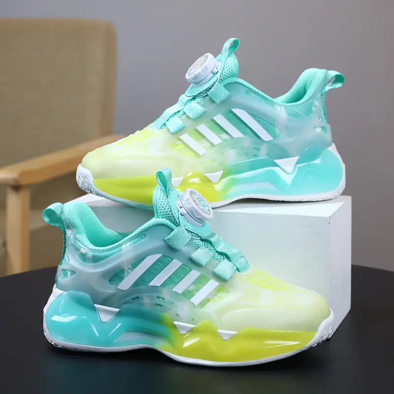 teal gradient shoes rotating button boy featuring vibrant translucent teal and lime green sneakers with white adidas stripes and a distinctive shoes rotating button closure for dual network sdx performance.