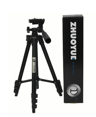 Black portable tripod universal digital camera bracket with adjustable legs and camera mount standing next to branded box.