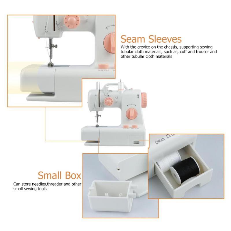 White mini home sewing machine with peach-colored knobs and dials featuring an LED light for convenient home sewing use