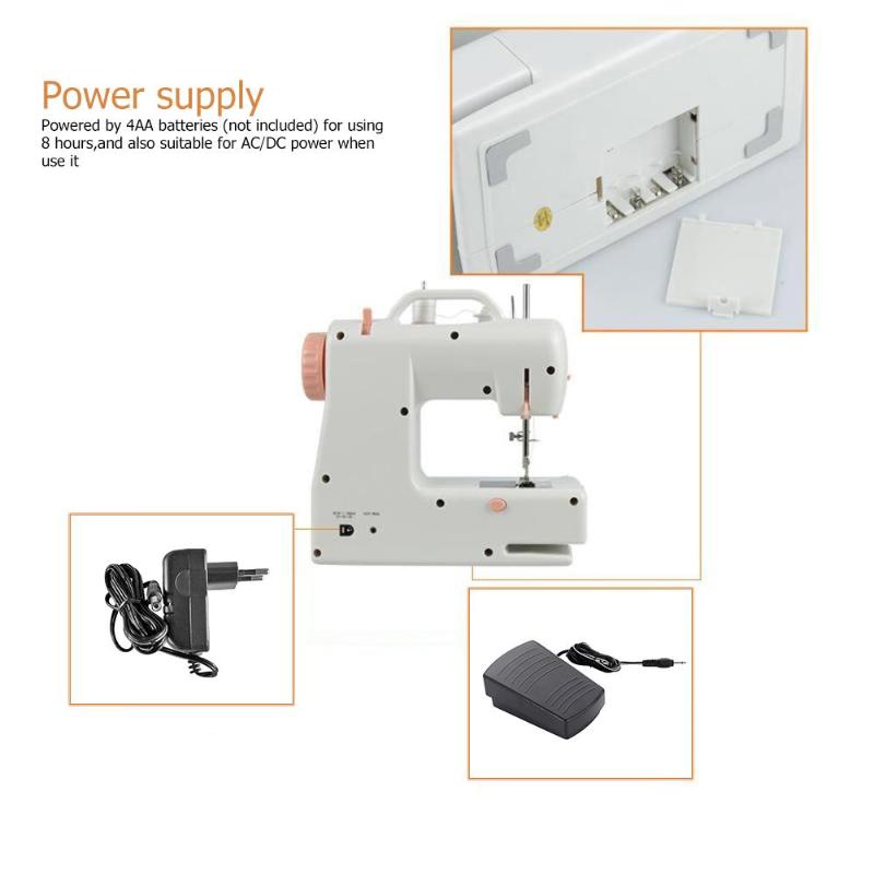 White electric mini home sewing machine with peach-colored accents and LED light for efficient home sewing use