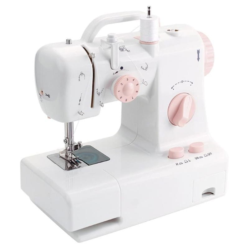 Mini home sewing machine in white and pink with cute cartoon designs and an LED light for home sewing use.