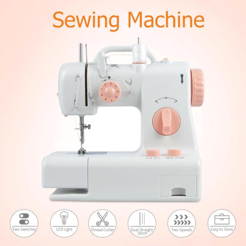 Mini home sewing machine in white and peach with compact design featuring two speed settings and led light for home sewing machine use.