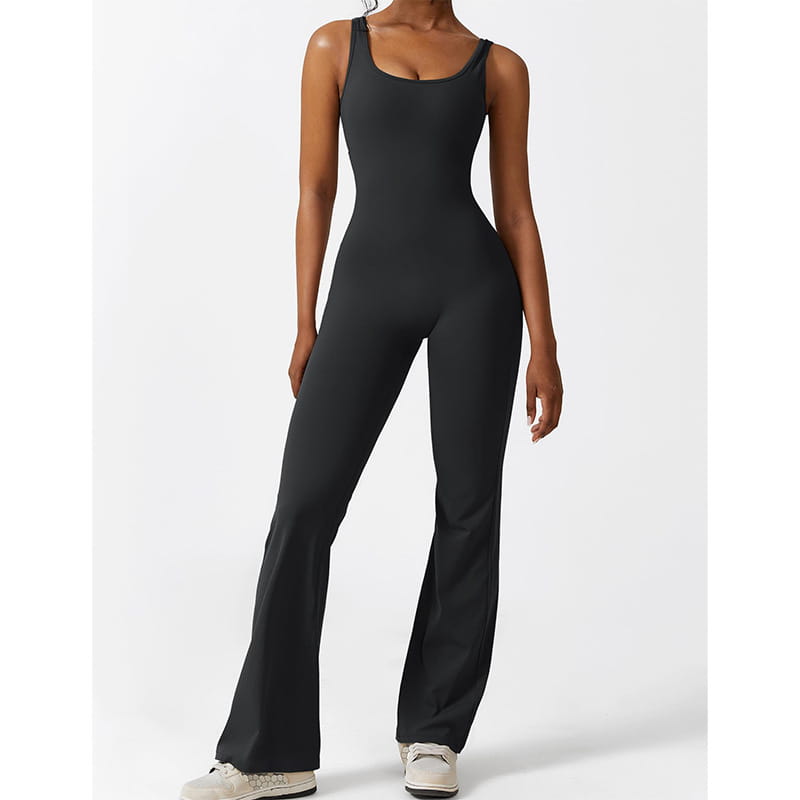 black sleeveless slim fit hip raise jumpsuit with flared legs in a form-fitting design