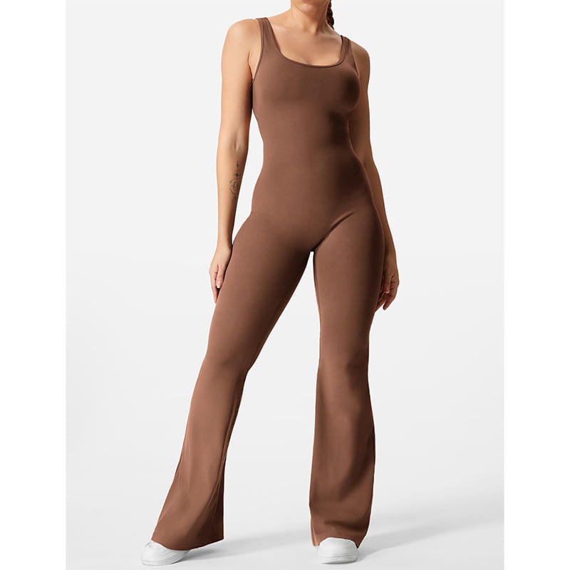 A sleek solid brown slim fit hip raise jumpsuit featuring a flattering square neckline and flared legs.