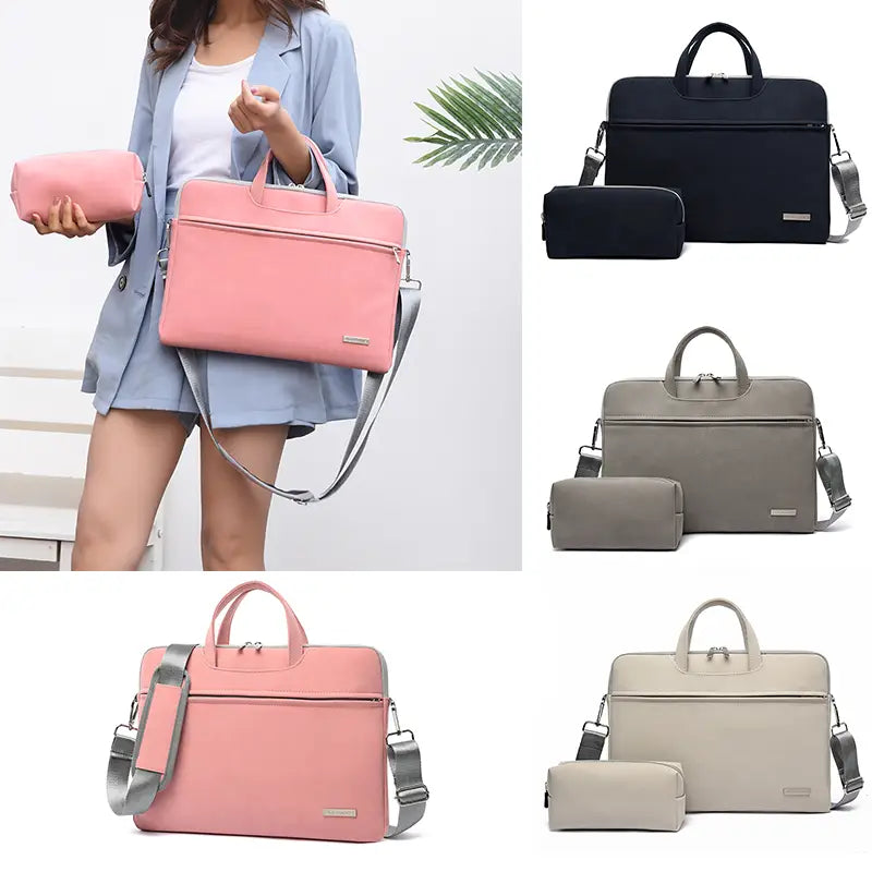 pink pu leather women laptop bag with matching pink pouch and silver-toned adjustable strap for stylish leather women laptop use
