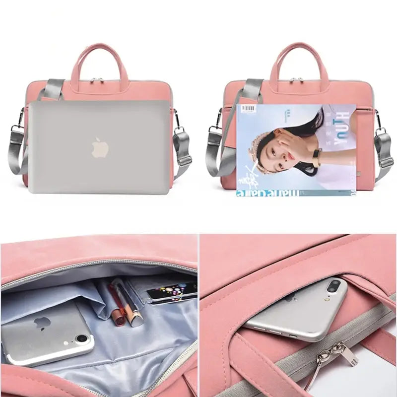 pink pu leather women laptop bag with pouch featuring gray straps and a sleek minimalist design ideal as a leather women laptop accessory.