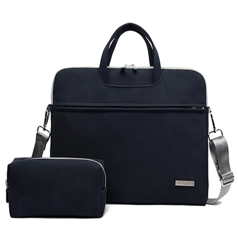 black laptop bag with silver zipper accents and matching small pouch designed as a leather women laptop bag for convenient carrying