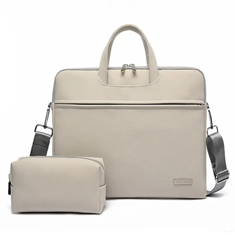Beige leather women laptop bag with matching small pouch featuring sleek synthetic leather construction and minimalist design.