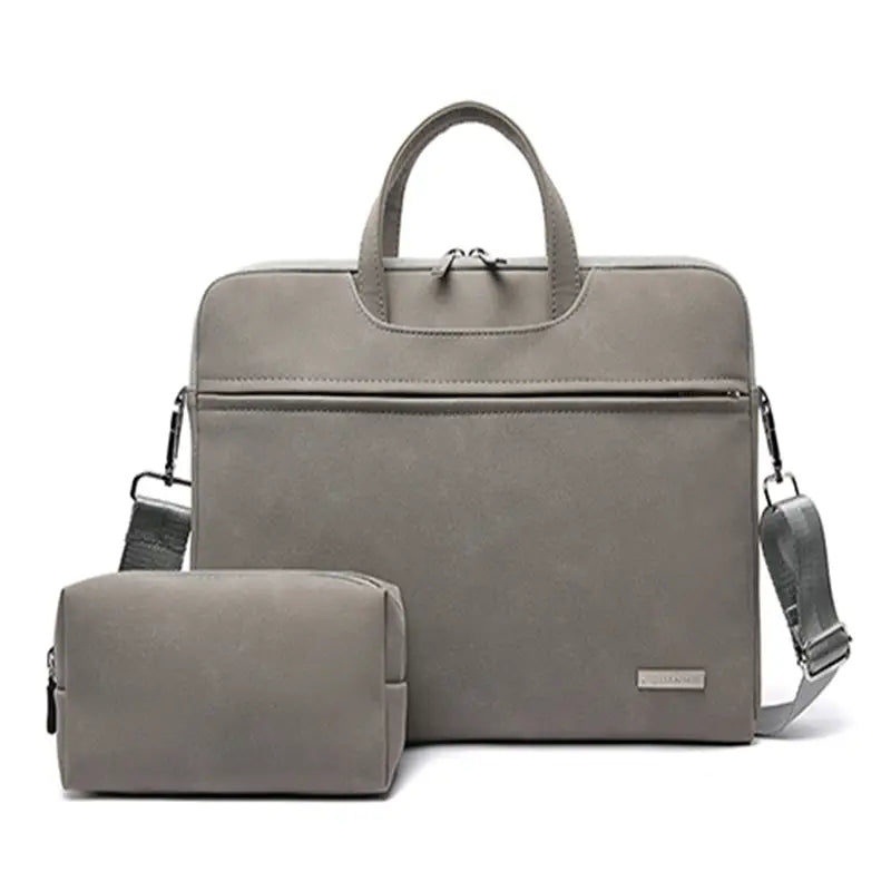 Gray leather women laptop bag with adjustable shoulder straps and matching smooth synthetic leather pouch featured in the pink pu leather women laptop bag with pouch product.