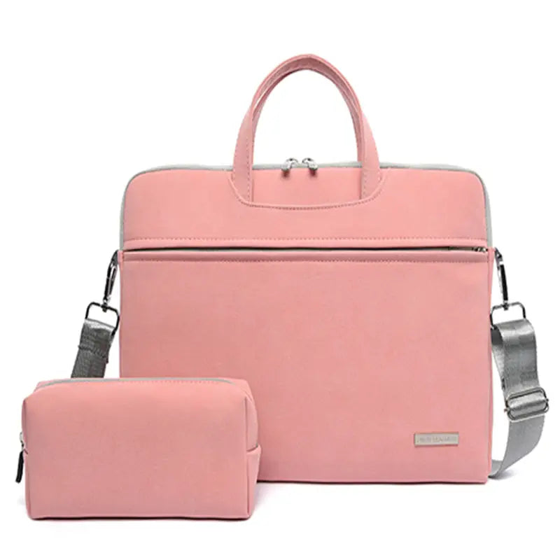 Pink pu leather women laptop bag with gray shoulder strap and matching pink pouch designed as a stylish leather women laptop accessory