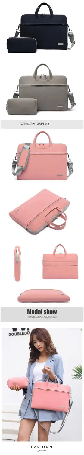 pink pu leather women laptop bag with pouch featuring an adjustable shoulder strap and front zippered pocket for convenient storage