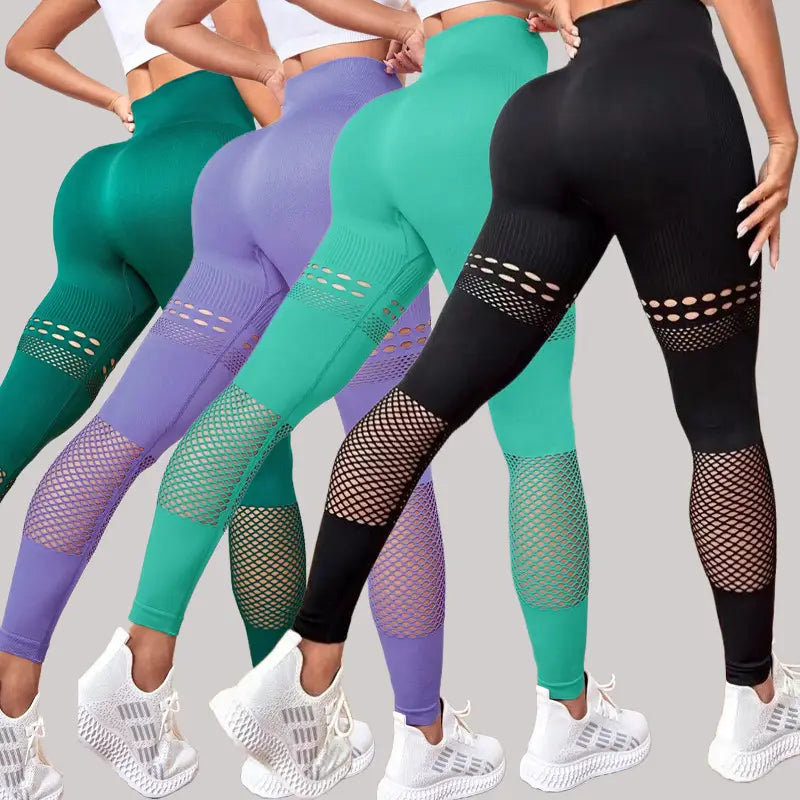 colorful hollow seamless yoga pants with mesh panels in green purple and black high-waisted with a snug fit ideal for yoga pants training
