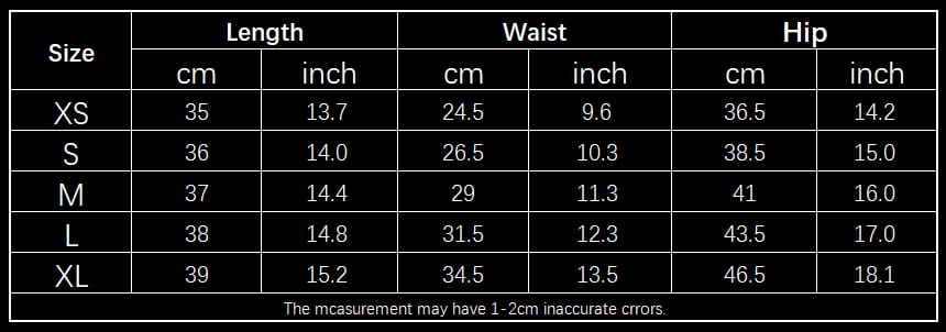 Size chart table displaying measurements in centimeters and inches for cream high waisted phone pocket design fitness shorts sizes xs through xl.