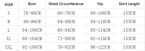 The image displays a size chart in centimeters for women’s skirts in the black mesh beaded bridal wedding dinner gown collection, covering sizes S through XXL.