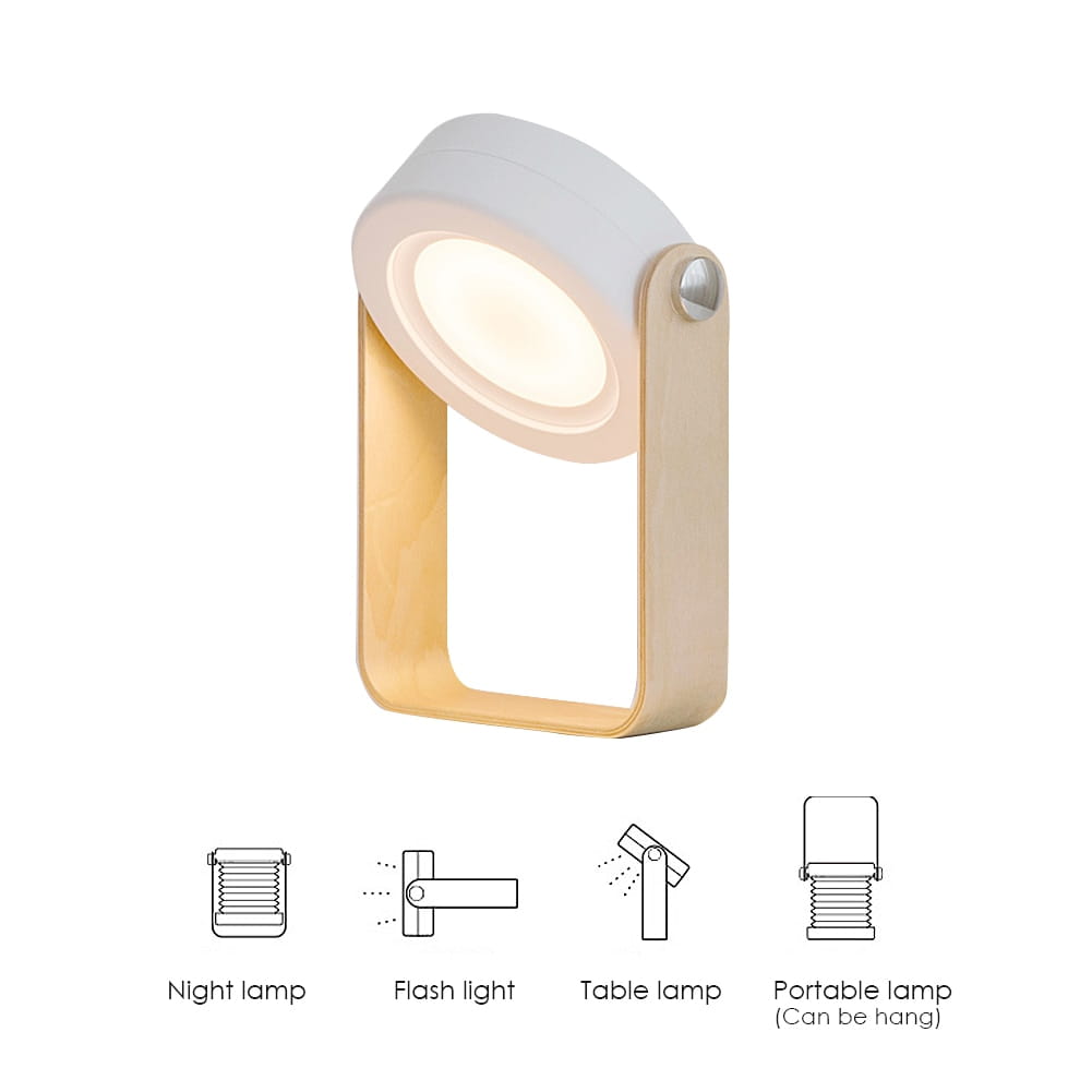 a sleek foldable touch dimmable portable lantern night light with a white circular head and gold-toned frame designed as a minimalist touch dimmable reading lamp