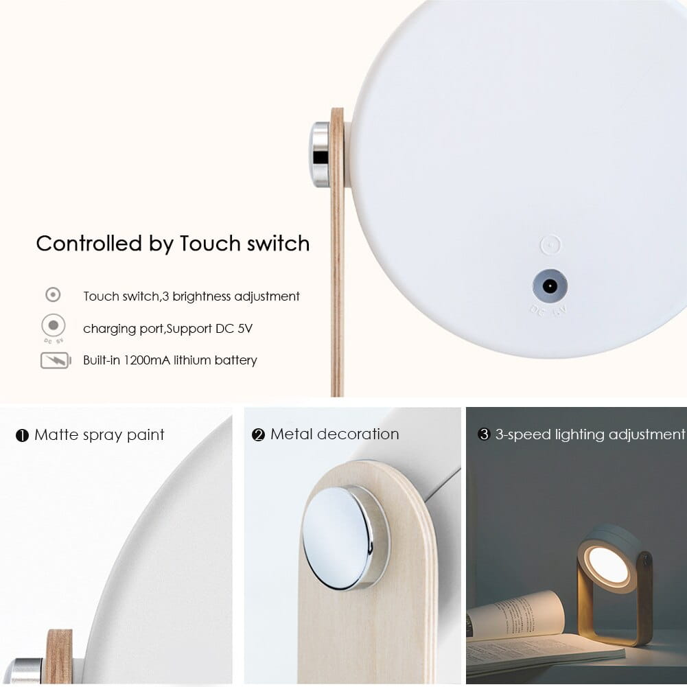 white matte-finished circular foldable touch dimmable portable lantern night light with wooden base and metallic accents ideal for touch dimmable reading.