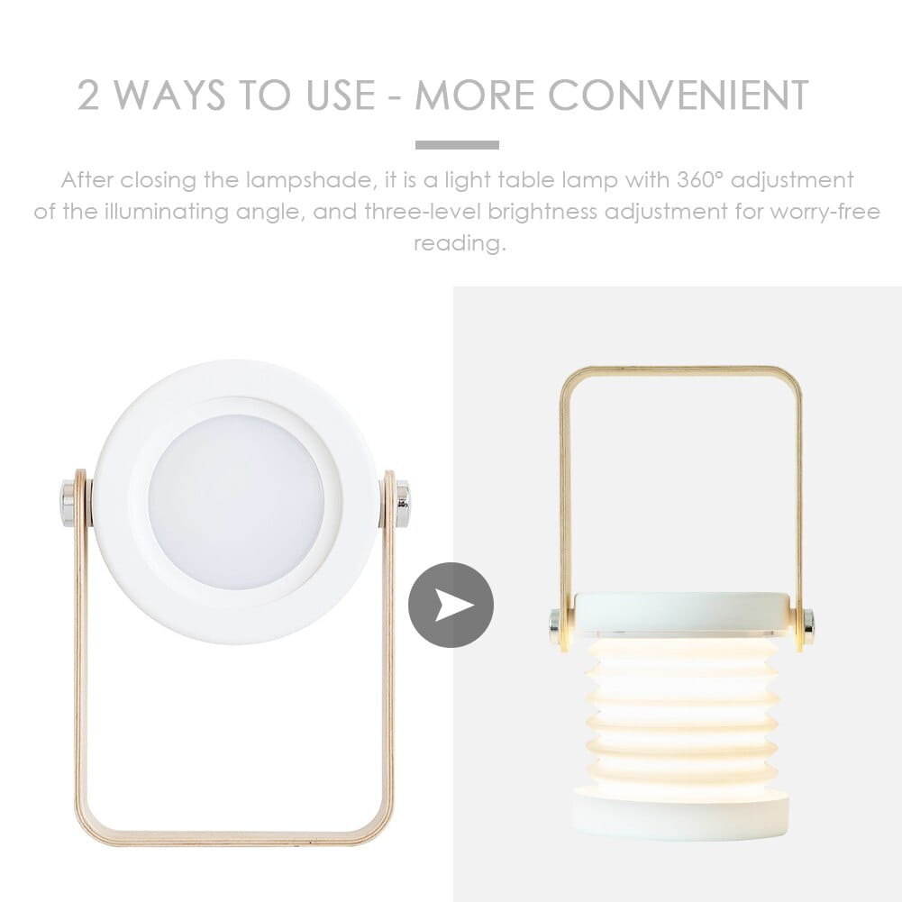 A sleek foldable touch dimmable portable lantern night light featuring a white circular shade and gold-toned metal frame designed for tabletop light or touch dimmable reading use.