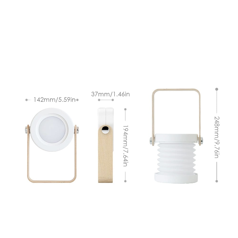 White foldable touch dimmable portable lantern night light with a ribbed body and gold-toned metal handle designed for touch dimmable reading.