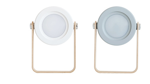 two minimalist foldable touch dimmable portable lantern night lights in white and soft gray with sleek circular design and gold-toned metal stands for touch dimmable reading use