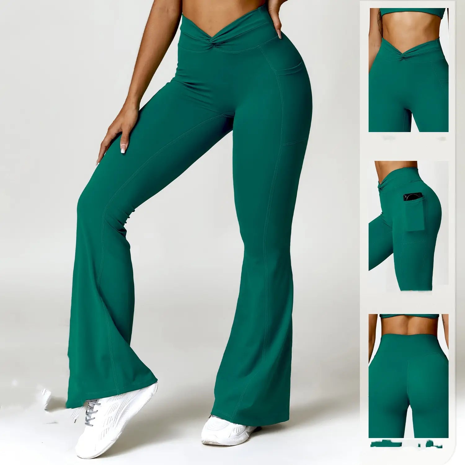 emerald green front twist hip raise high waist yoga pants featuring a high-waisted fit with a front knot detail, flared legs, and side pockets, designed for american hip raise and comfortable wear.