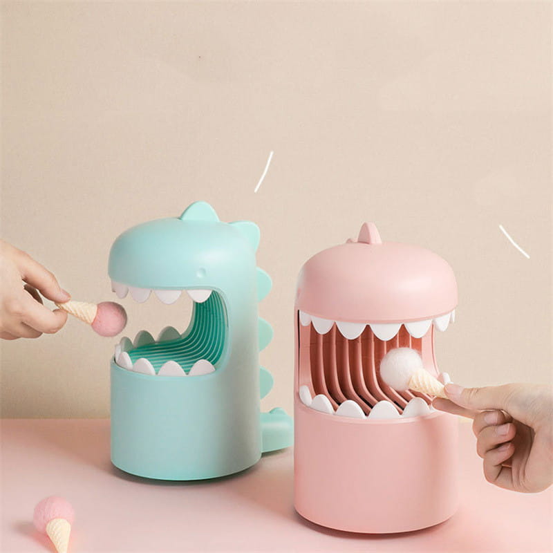 Pastel blue and pink george dinosaur mosquito lamp candy holders with open mouths featuring white tooth-like edges designed for holding candy and repelling insects.