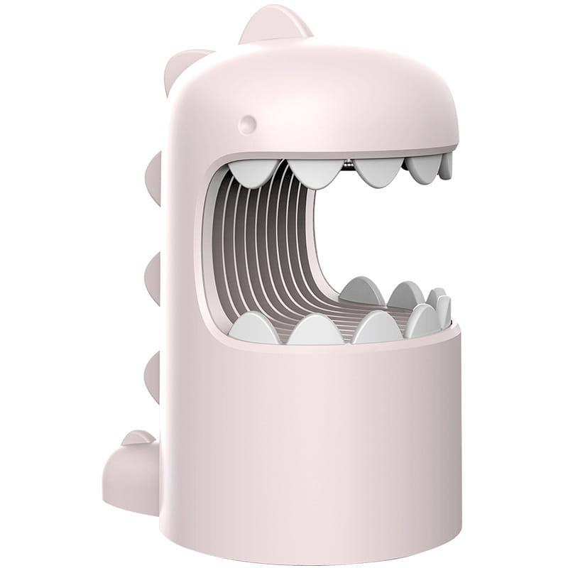 pastel pink george dinosaur mosquito lamp designed as a dinosaur mosquito trash can with white plastic teeth and gray ridges inside its open mouth