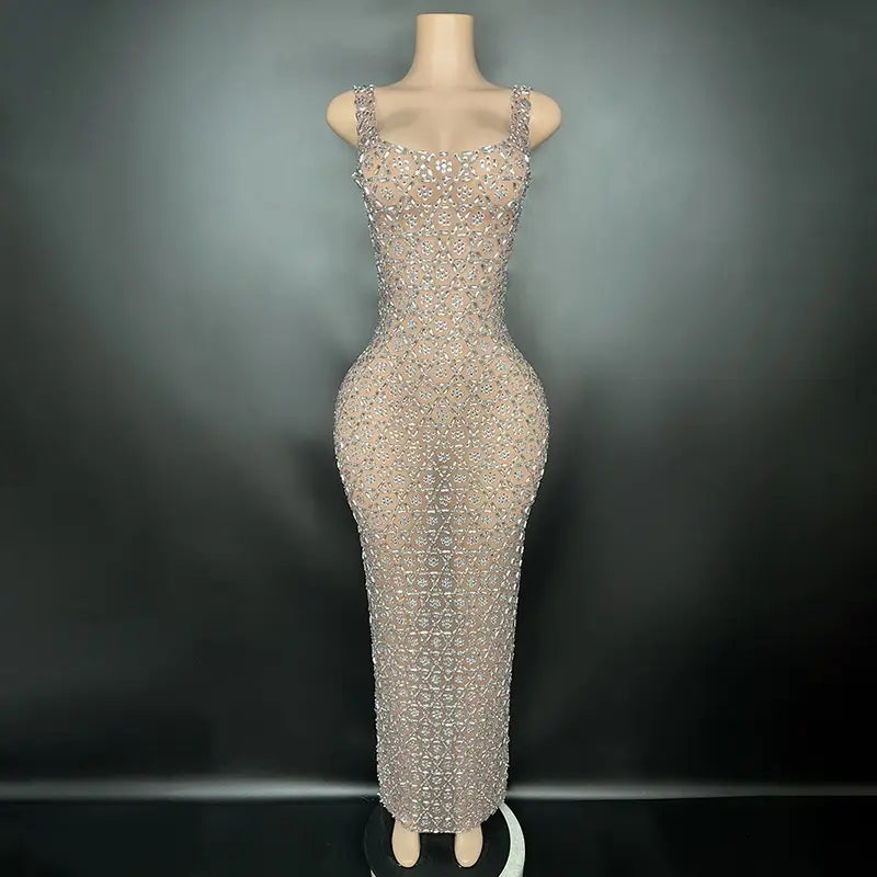 A shimmering silver metallic beaded bodycon gown with thin straps and a fitted silhouette perfect for a niche princess gathering or princess gathering banquet dress.