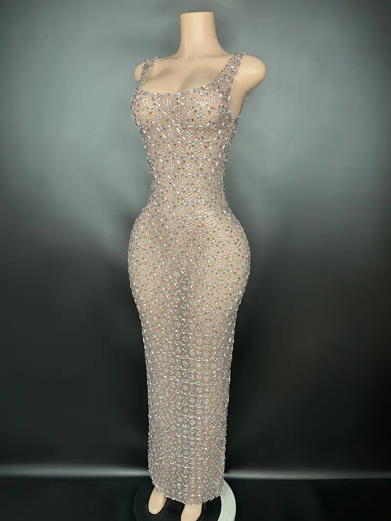 a shimmering metallic silver niche princess gathering banquet dress featuring a form-fitting design with intricate beading and crystal embellishments