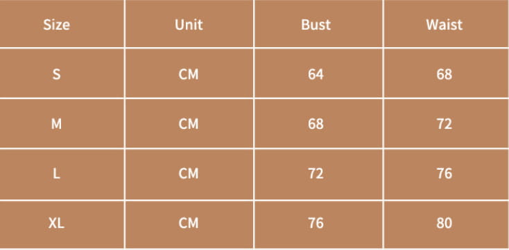 A beige table displays size measurements in centimeters for a maid themed sexy lingerie three-point uniform suit covering bust and waist dimensions from size S to XL.
